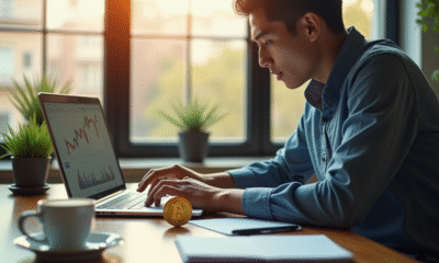 Jeune professionnel analysant graphiques bitcoin sur un ordinateur moderne