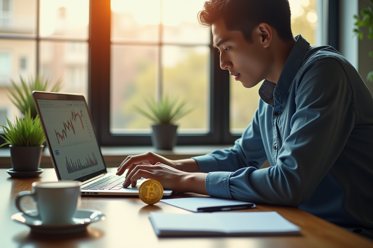 Jeune professionnel analysant graphiques bitcoin sur un ordinateur moderne