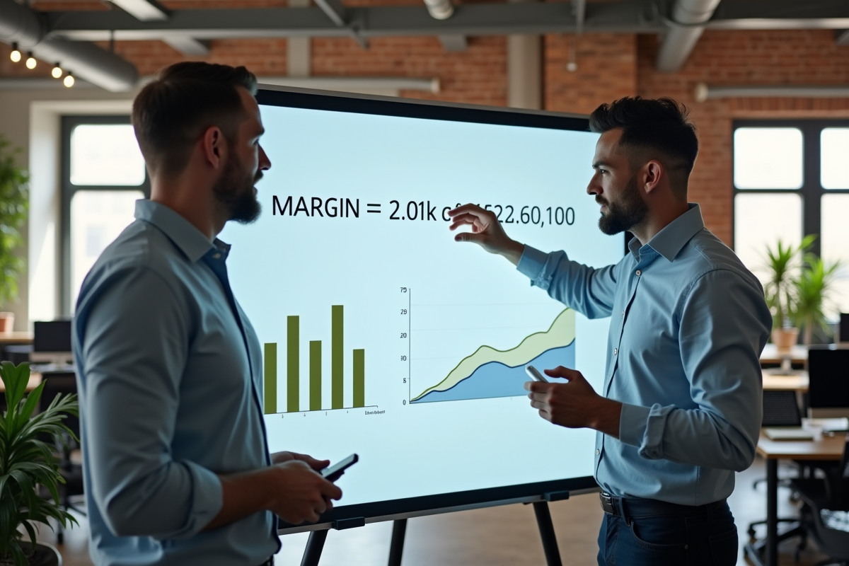 Deux collègues discutent devant un tableau blanc numérique créatif