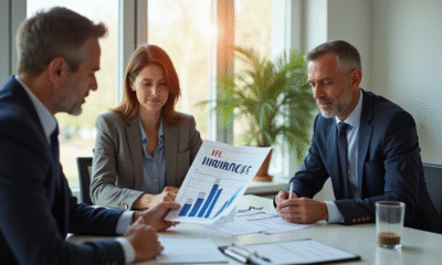 Conseiller financier avec un couple en réunion dans un bureau lumineux
