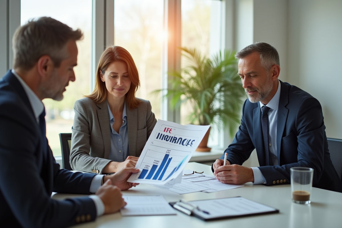 Conseiller financier avec un couple en réunion dans un bureau lumineux