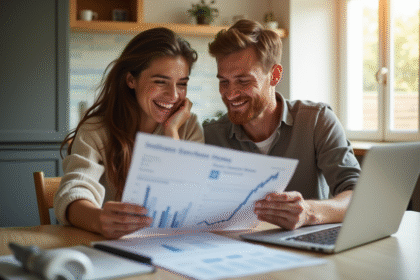 Jeune couple souriant avec documents d'assurance maison