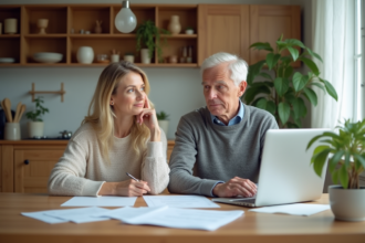 Couple discutant à la cuisine avec papiers et ordinateur