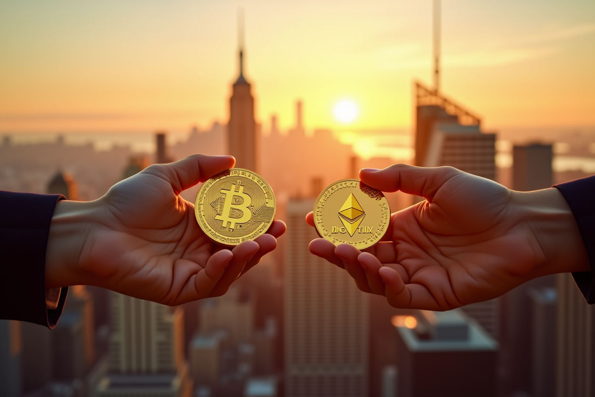 Deux mains échangeant des pièces d or avec logos bitcoin et ethereum devant la skyline de New York