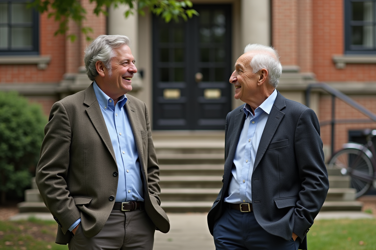 Enseignant discutant avec un collègue devant une école