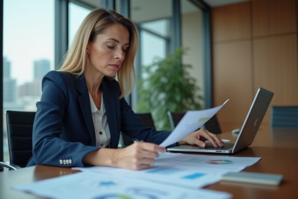 Femme d'affaires en costume bleu analyse des graphiques financiers