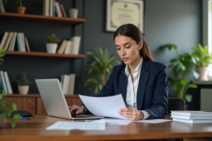 Femme d'affaires lisant un document dans son bureau à domicile
