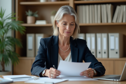 Femme en bureau moderne examinant des documents d'assurance
