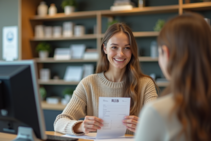 Femme souriante présentant son RIB à la banque