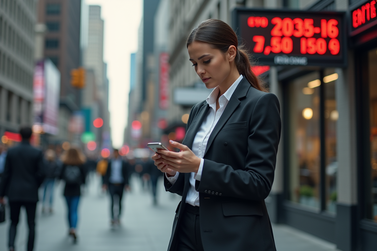 Jeune femme vérifiant le marché boursier dans la rue