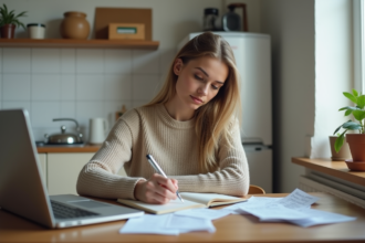 Jeune femme écrivant son budget mensuel à la maison