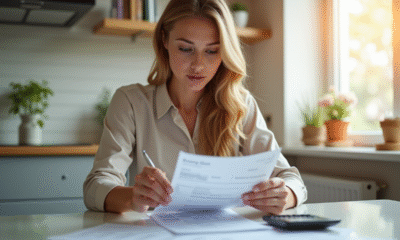 Jeune femme au matin vérifiant son budget et fiche de paie
