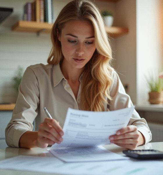 Jeune femme au matin vérifiant son budget et fiche de paie