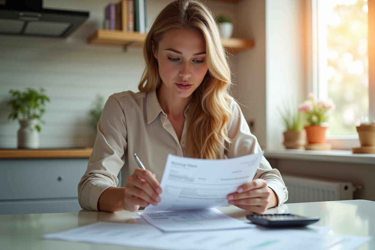 Jeune femme au matin vérifiant son budget et fiche de paie