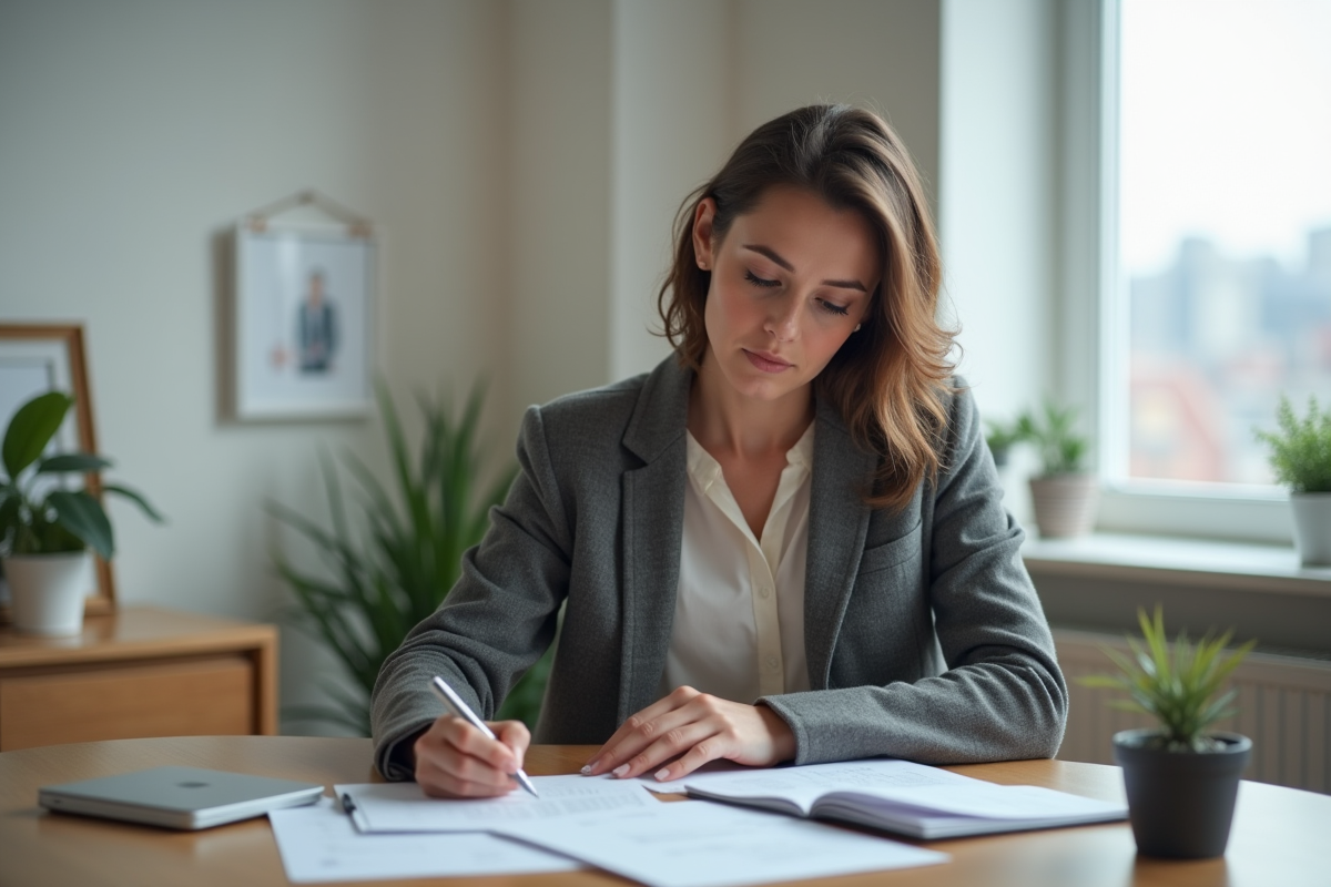 Femme concentrée au bureau en tenue professionnelle