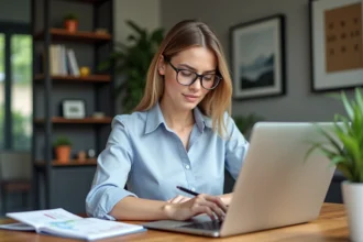 Femme au bureau à domicile en blouse et lunettes