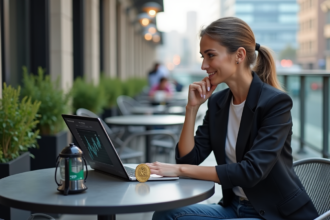 Femme assise au café avec ordinateur et pièce XRP