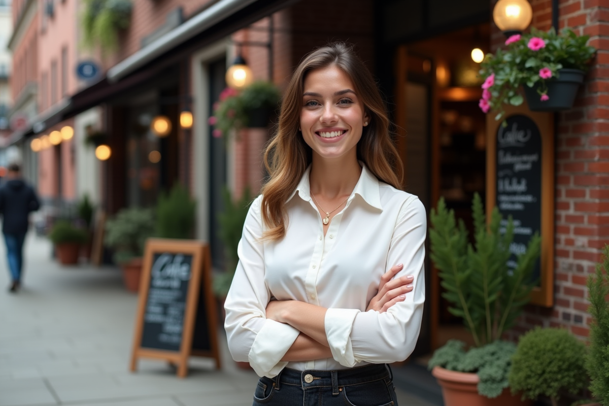 Femme souriante devant son café en milieu urbain