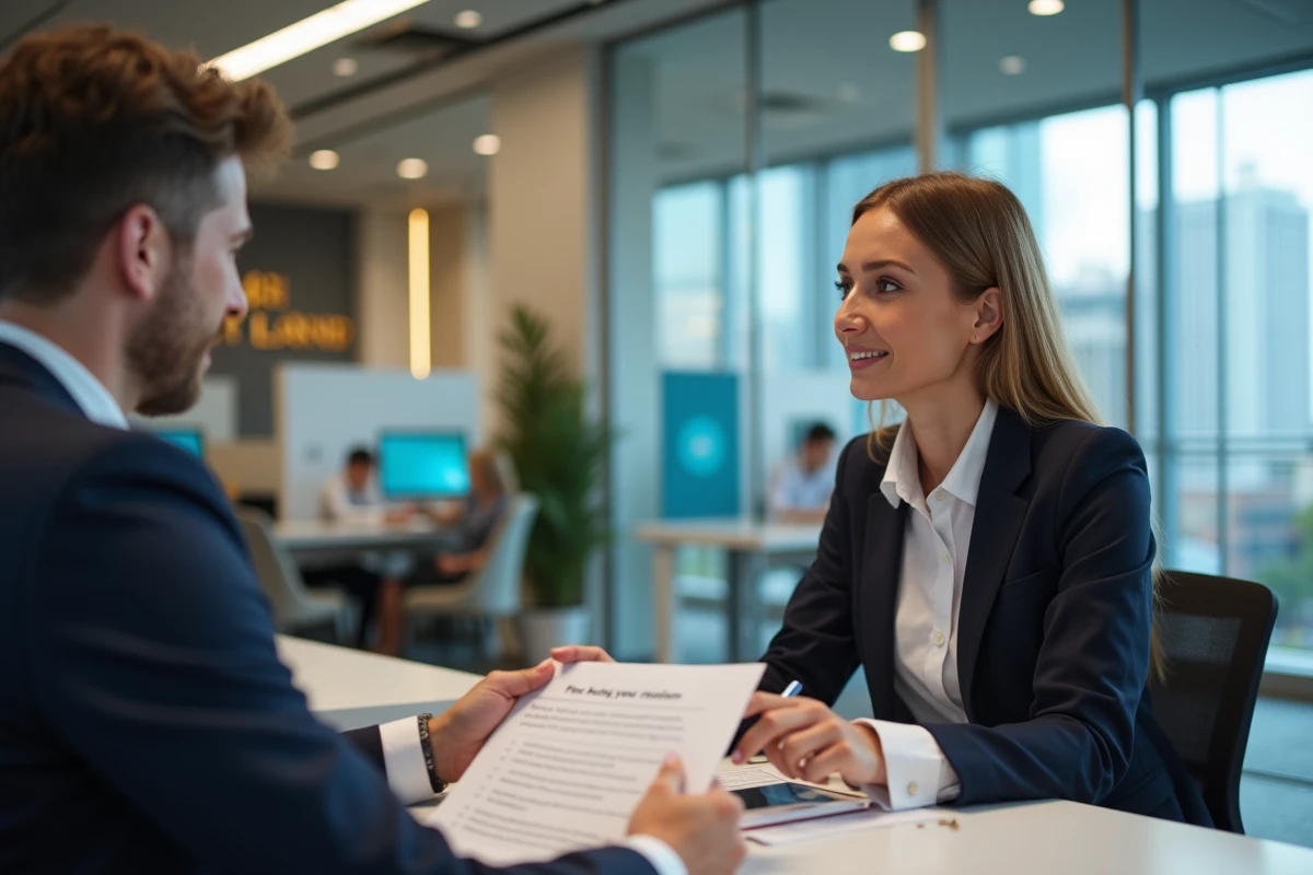 Femme en blazer discutant avec conseiller bancaire dans une banque moderne