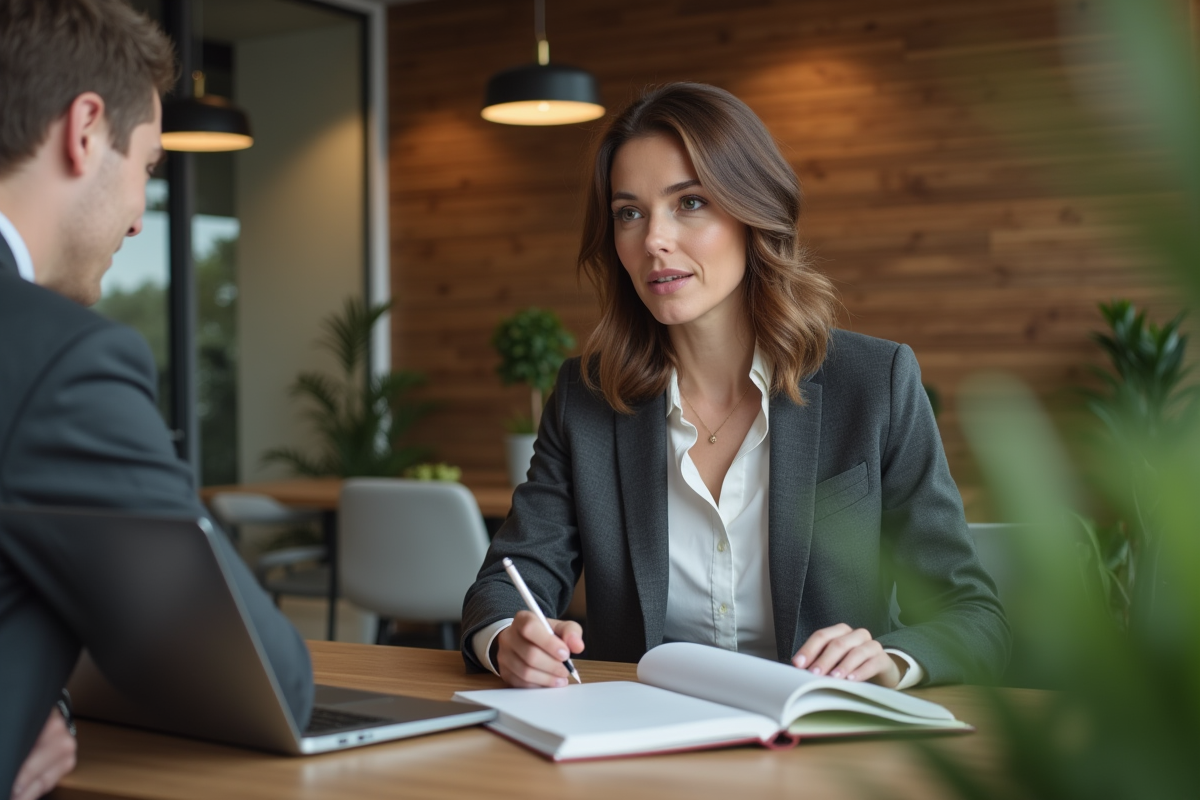 Femme en blazer discutant avec un mentor dans un espace coworking