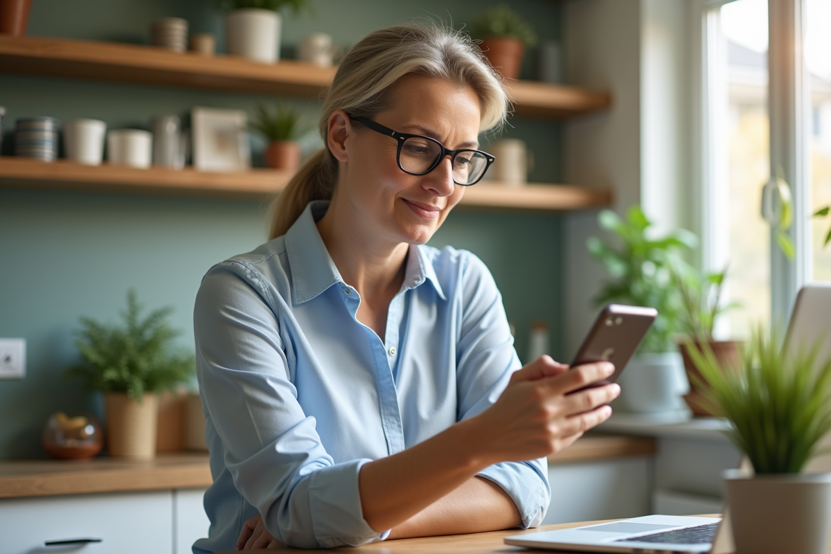 Femme d affaires regardant son smartphone dans la cuisine