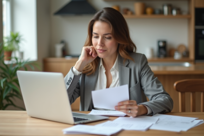 Femme d'affaires au bureau à domicile examine des documents