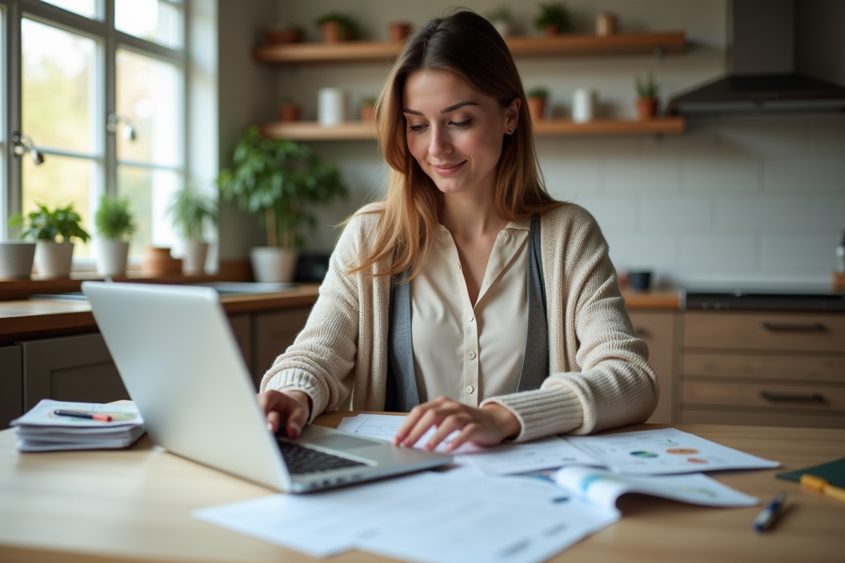 Femme concentrée examinant des papiers financiers à la maison