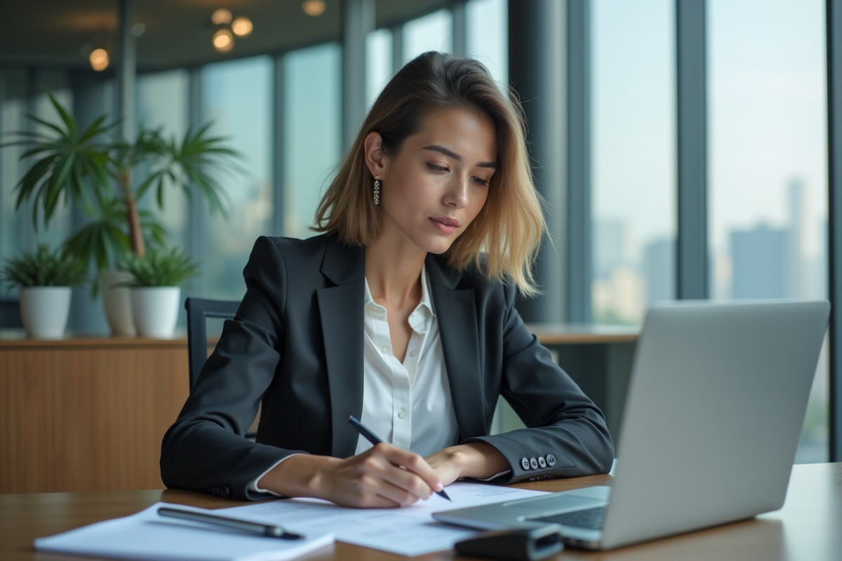 Femme d affaires concentrée sur ses calculs immobiliers