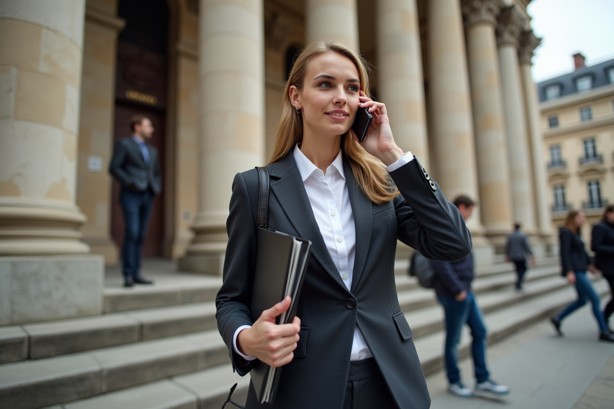 Jeune femme avec dossier devant un palais de justice français