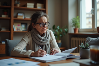 Femme d'âge moyen lisant des brochures d'assurance à la maison
