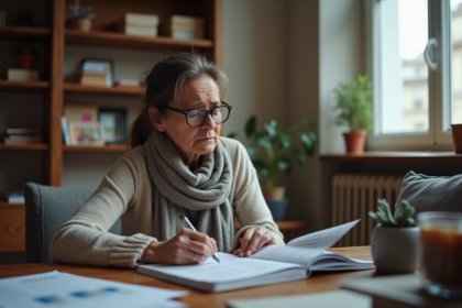 Femme d'âge moyen lisant des brochures d'assurance à la maison