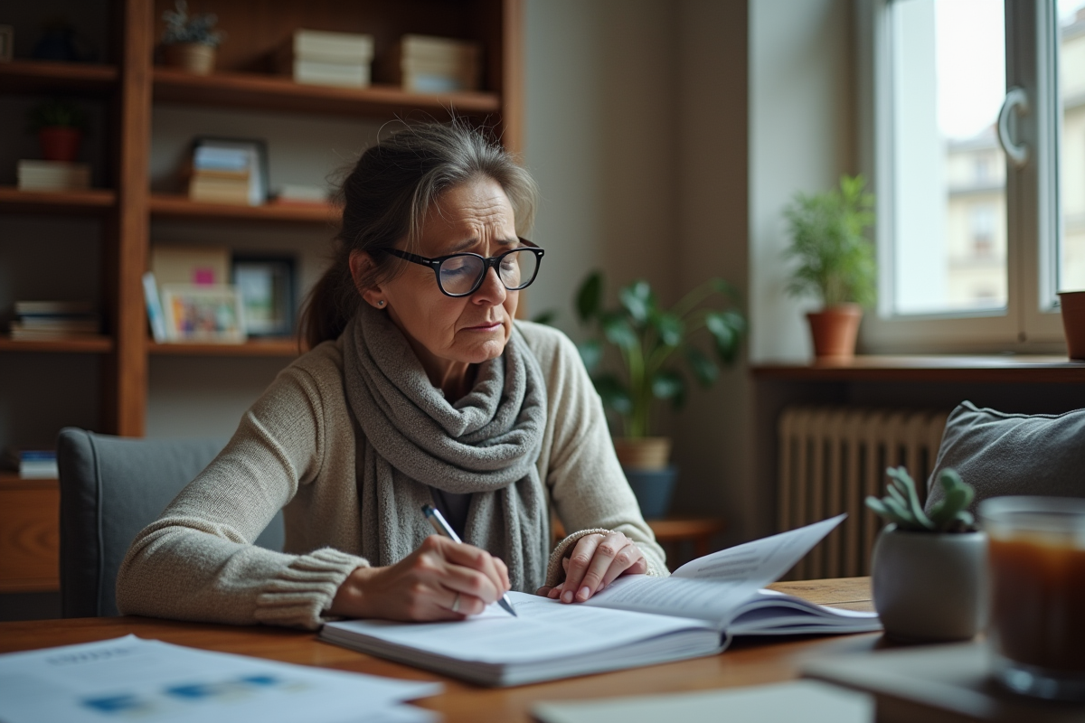 Femme d'âge moyen lisant des brochures d'assurance à la maison