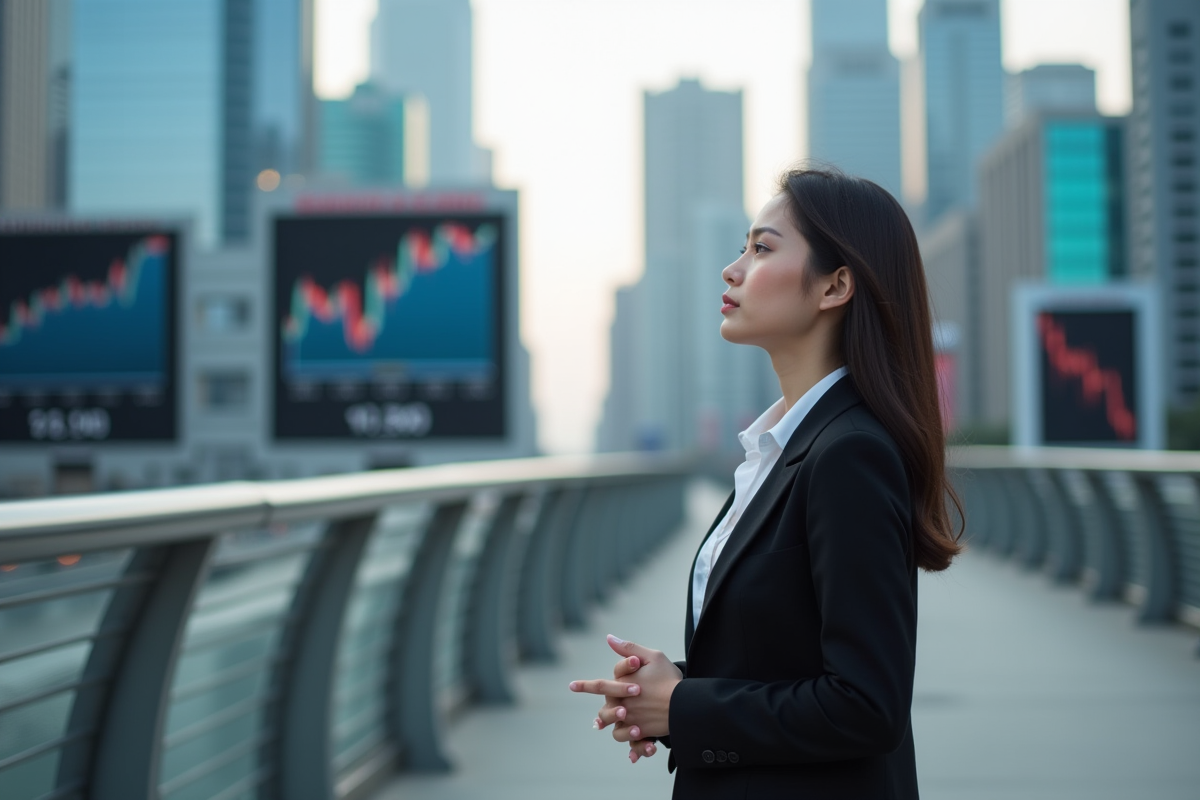 Jeune femme contemplant la skyline financière depuis un pont urbain