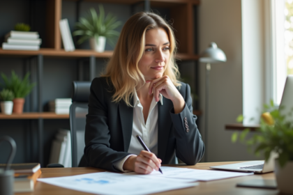 Femme d'affaires en réunion dans un bureau lumineux