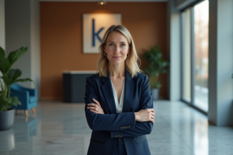 Femme d'affaires en costume dans un hall moderne