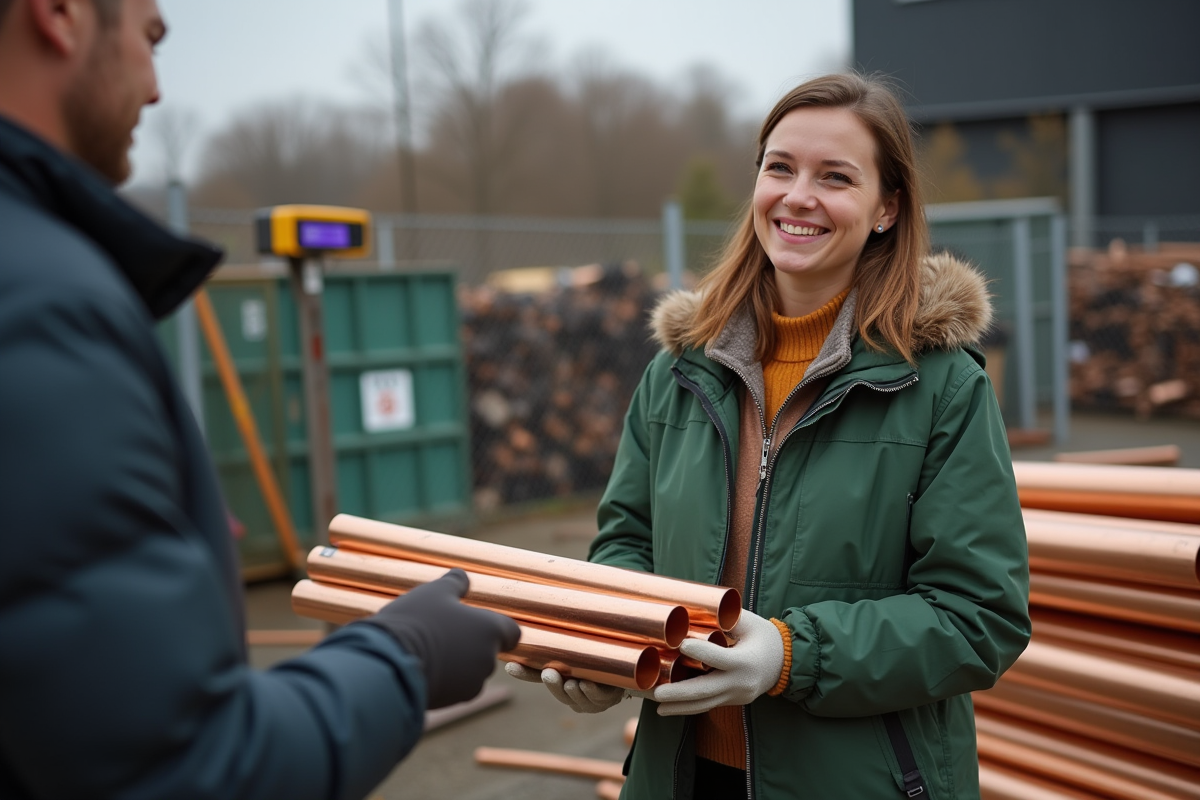Femme avec tuyaux de cuivre devant centre de recyclage