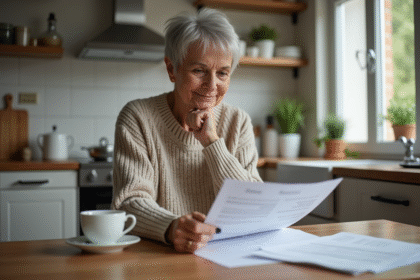 Femme retraitée examine documents de pension dans sa cuisine