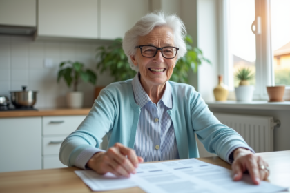 Femme senior souriante lisant des papiers dans la cuisine