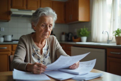 Femme âgée examinant des factures médicales à la maison