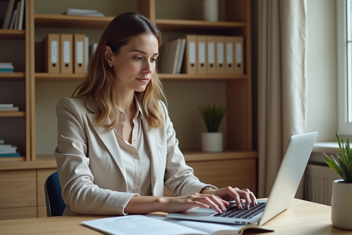 Jeune femme travaille sur son ordinateur dans un bureau à domicile
