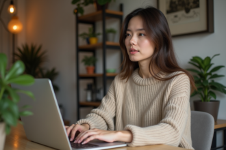 Femme en sweater beige travaillant sur un ordinateur à la maison
