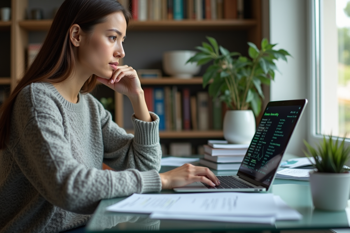 Jeune femme utilisant une application bancaire sur son ordinateur