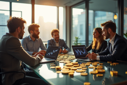 Groupe de personnes discutant de cryptomonnaie autour d'une table moderne