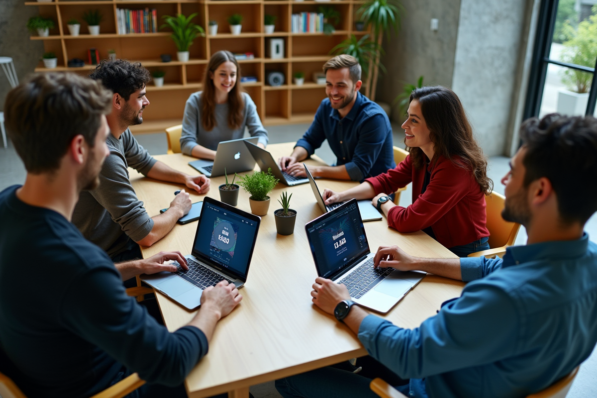 Groupe de jeunes discutant autour de table avec appareils crypto