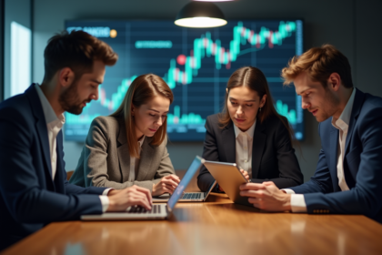 Groupe de jeunes professionnels en coworking avec table et écrans