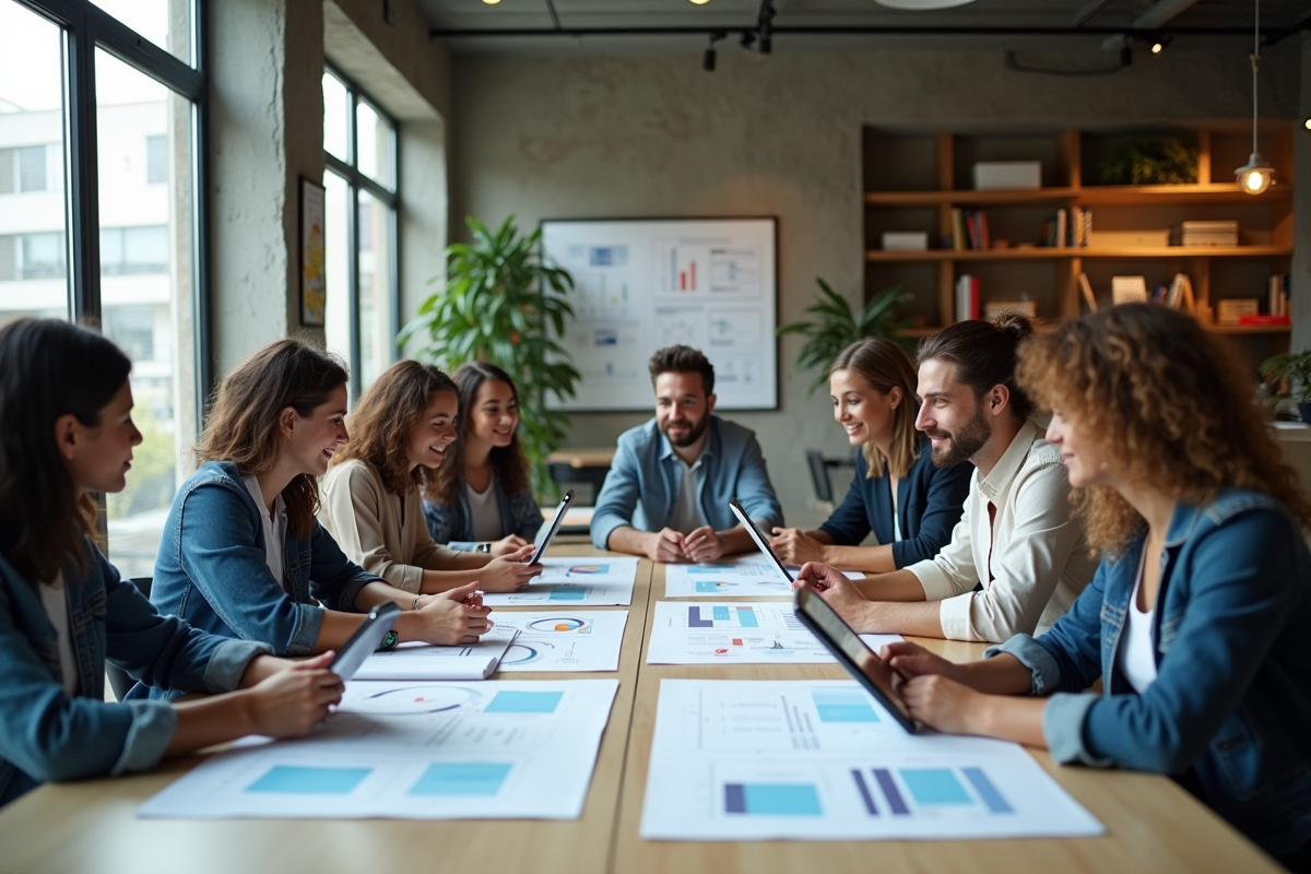 Groupe de jeunes professionnels en réunion dans un bureau lumineux