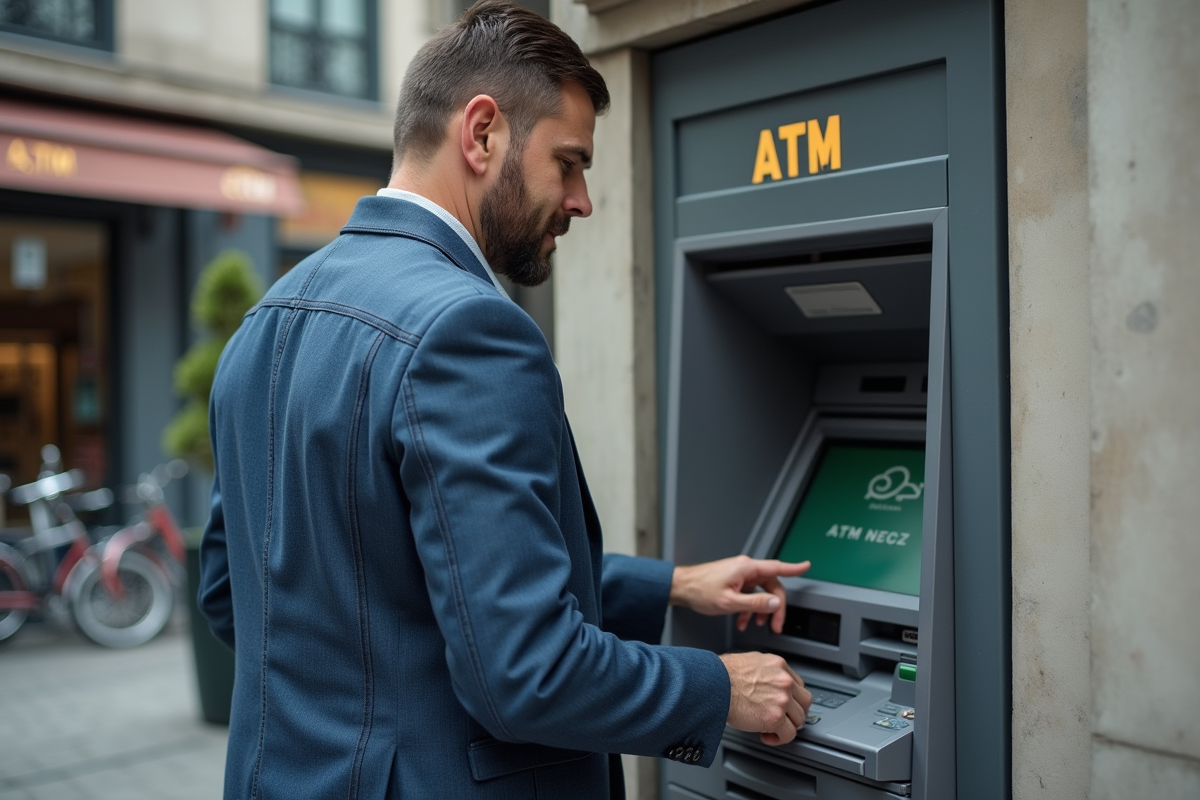 Homme utilisant un distributeur avec un RIB en main