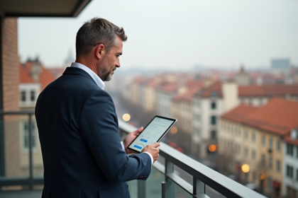 Homme d'affaires sur un balcon avec vue sur une ville européenne