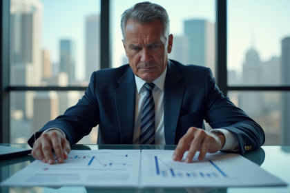 Homme d'affaires inquiet regardant des bilans financiers