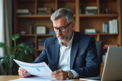 Homme d'affaires en costume examine documents financiers